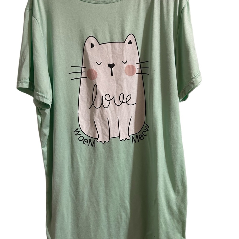 Mint Green Cat Print T-Shirt by Esti free size